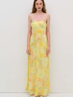For Love and Lemons Strapless Yellow Floral Satin Maxi Dress